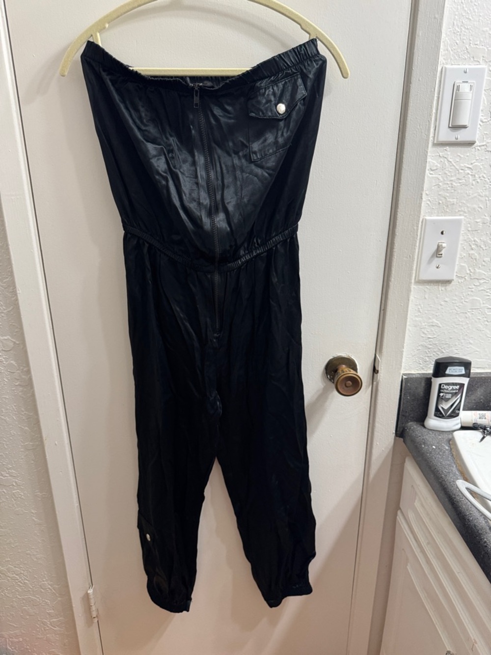 Soprano Black Strapless Romper with Front Zip
